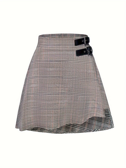 Plus Size Buckle Detail Plaid Skirt, Elegant Asymmetrical Hem High Waist Mini Skirt, Women&