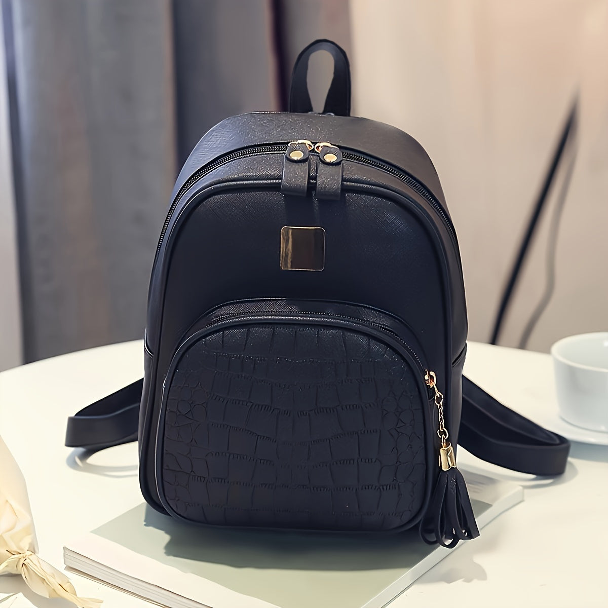 1pcs Stylish Pebbled PU Leather Backpack - Versatile College Style School Bag with Fashionable Design, Multiple Compartments, and Durable Construction - Perfect for Casual Daily Use, Small Daypack for Women