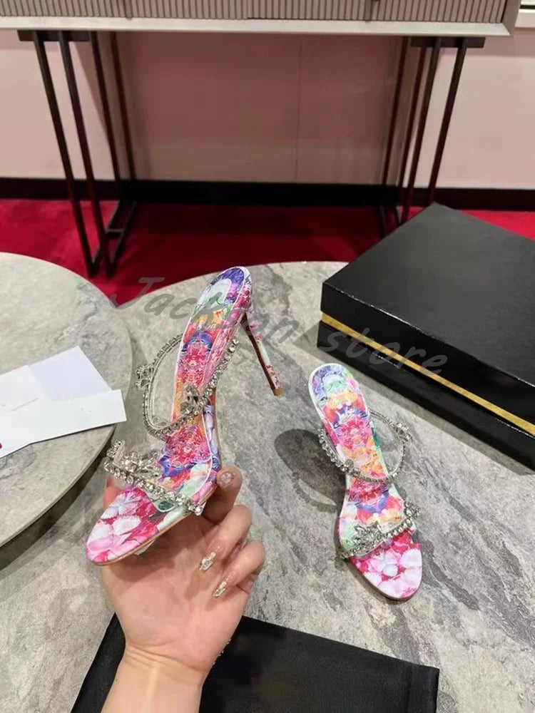 Colorful Flower Printed Pointed Toe Sandals Women Trendy Pointed Toe Slip On Satin Strap High Heels Retro Women Shoes Large Size