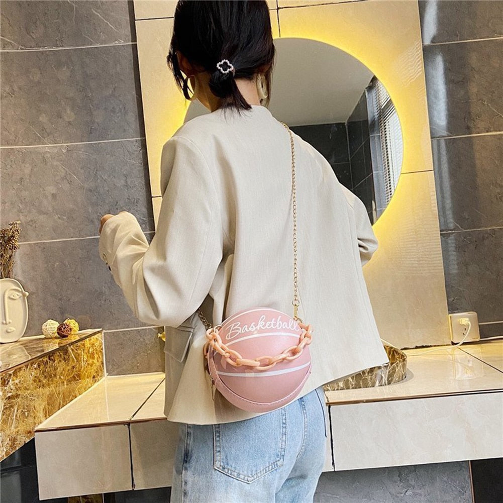 Personality female leather pink basketball bag new ball purses for teenagers women shoulder bags crossbody chain hand bags