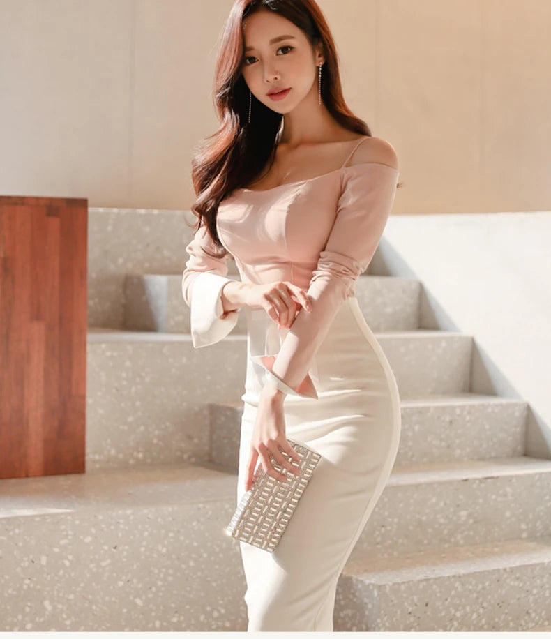 High Waist Midi Skirt Women Spring Summer Office Korean Elegant Split Back Sexy White Bodycon Pencil Skirt