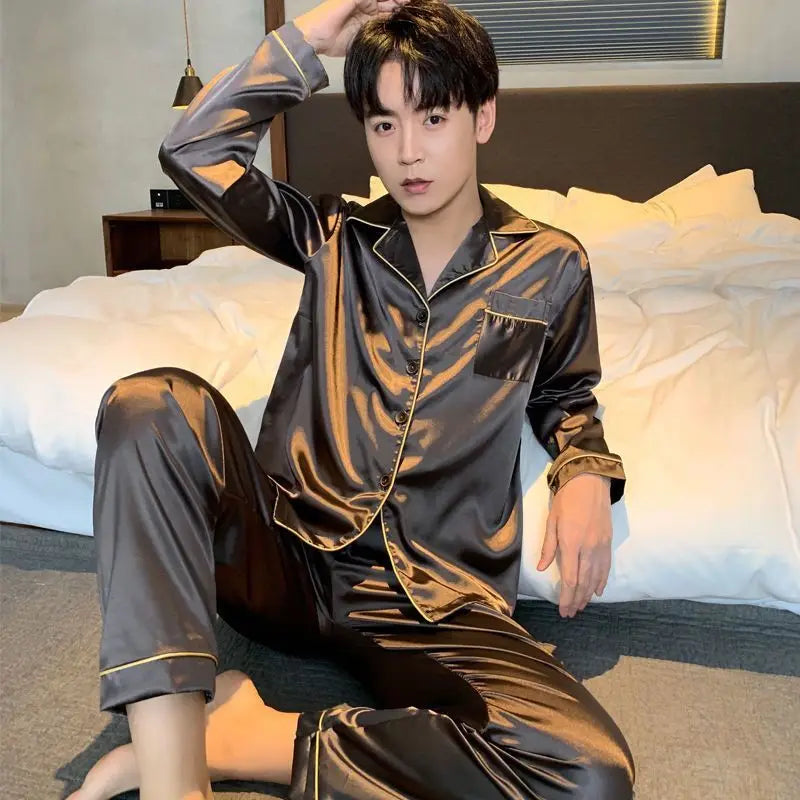 Men Pajama Sets Silk Satin Pijama Turn-down Collar Sleepwear  Long Sleeve Spring Nightwear Male 2 Pieces Sets Homewear CM11