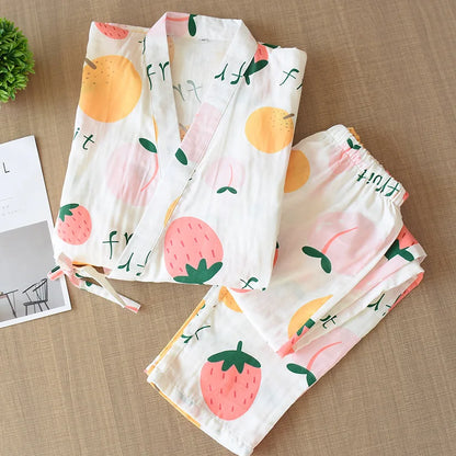 2024 new seven-sleeve Japanese-style kimono pajamas set female spring and autumn 100% cotton gauze home clothes cute sweet two-p