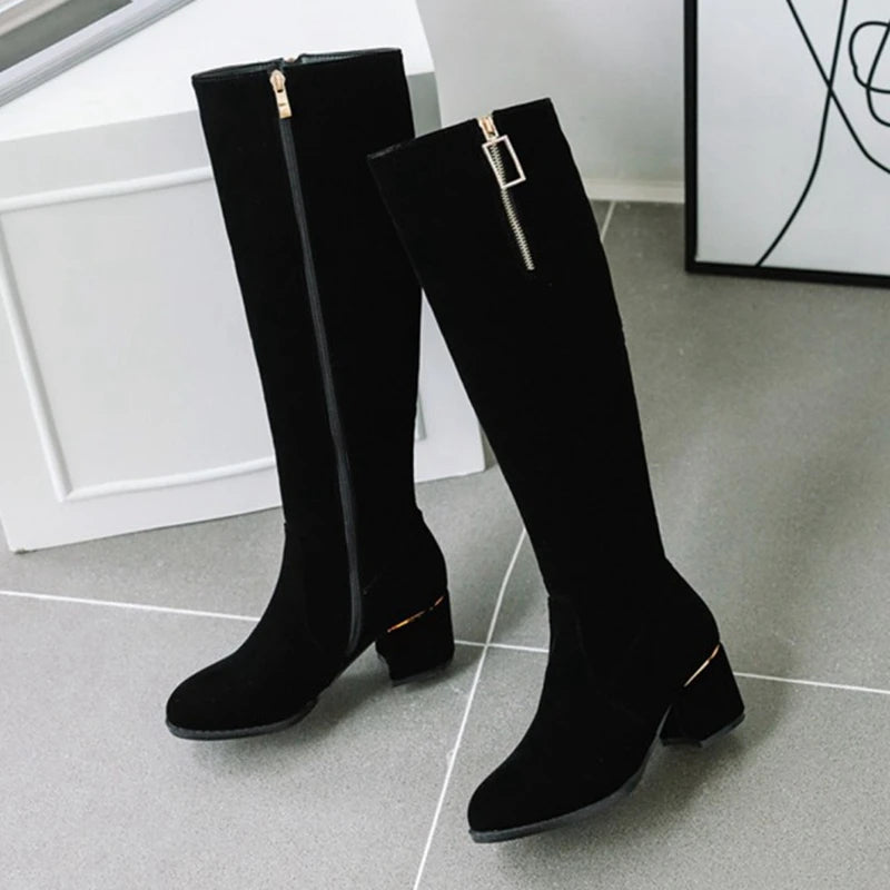 REAVE CAT Spring Autumn Knee High Boots Suede Round toe Rhinstone Female Zipper 2022 Chunky Square Heels Small Big 32-52 S2409