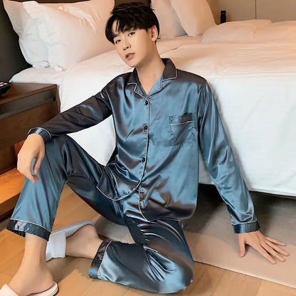 Men Pajama Sets Silk Satin Pijama Turn-down Collar Sleepwear  Long Sleeve Spring Nightwear Male 2 Pieces Sets Homewear CM11