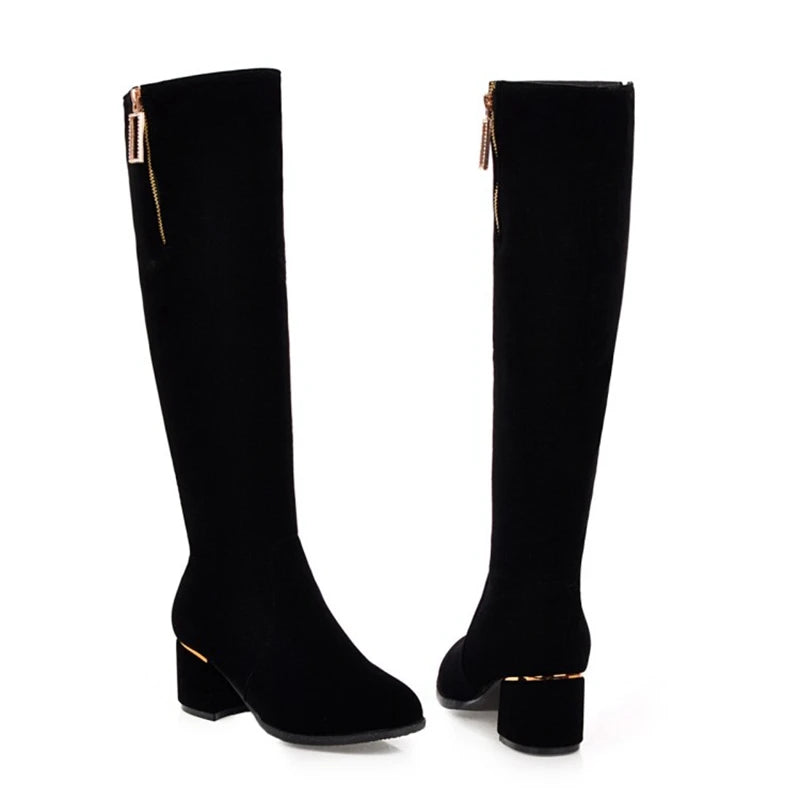 REAVE CAT Spring Autumn Knee High Boots Suede Round toe Rhinstone Female Zipper 2022 Chunky Square Heels Small Big 32-52 S2409