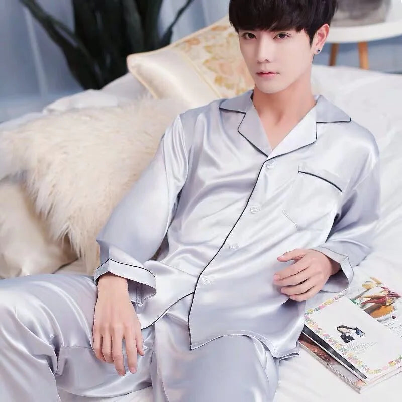 Men Pajama Sets Silk Satin Pijama Turn-down Collar Sleepwear  Long Sleeve Spring Nightwear Male 2 Pieces Sets Homewear CM11