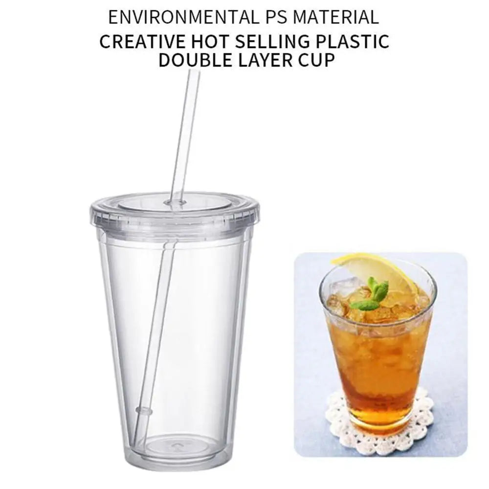 1PCS Double walled Ice Cold Drink Coffee Juice Tea Tumbler Mug Cup Smoothie Travel With Straw Plastic Reusable Iced D1X4