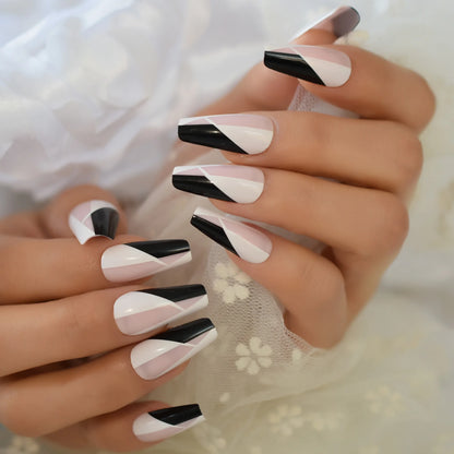 Medium Black White Ballerina False Nails Irregular Pattern Modern Press On Nails Glossy Artificial Nails