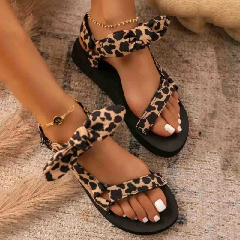 New Summer Women Sandals Color Flat Casual Lace Up Bow Shoes for Ladies  Fashion 2021 Outdoor Leopard Beach Mujer