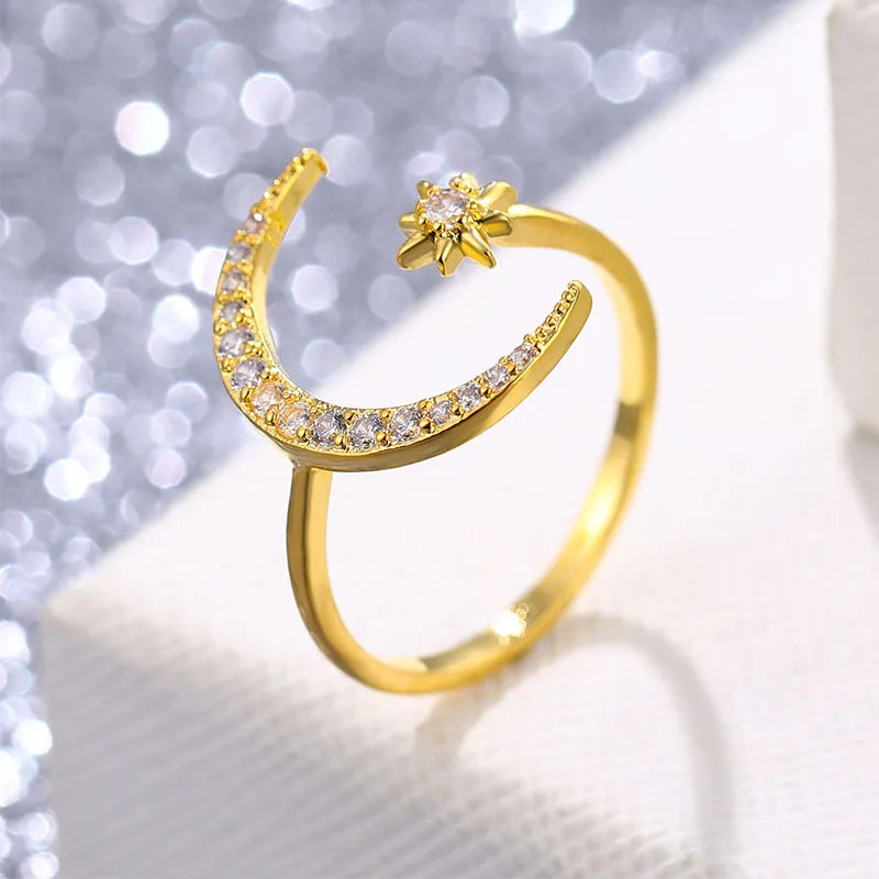 IPARAM New Design CZ Zircon Star Moon Ring Fashion Statement Geometric Gold Color Silver Color Charm Lady Girl Ring Jewelry