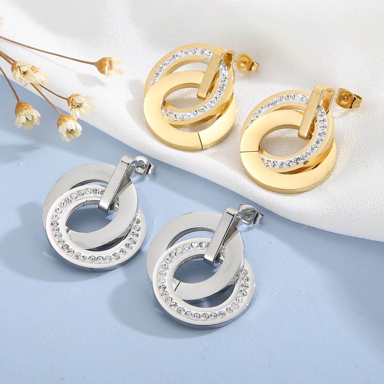 Kalen Stainless Steel Jewelry Sets For Women Three Rounds Pendant Necklace Earrings Set Women Fashion Zirconia Wedding Jewelry