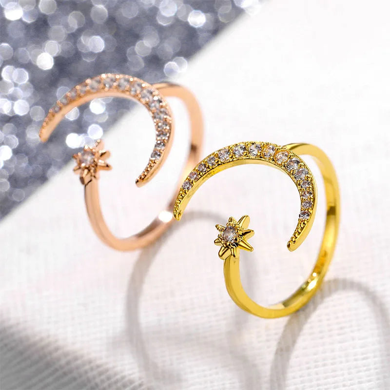 IPARAM New Design CZ Zircon Star Moon Ring Fashion Statement Geometric Gold Color Silver Color Charm Lady Girl Ring Jewelry