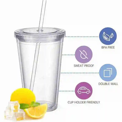 1PCS Double walled Ice Cold Drink Coffee Juice Tea Tumbler Mug Cup Smoothie Travel With Straw Plastic Reusable Iced D1X4