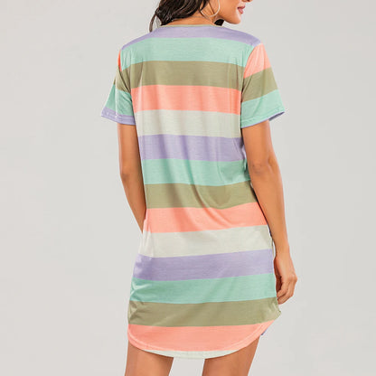 Sexy Pyjamas Night Dress for Women Short-Sleeved Rainbow Striped Nightgown Loose Dormir Tops Large Size Leisure Sleepwear S-5XL