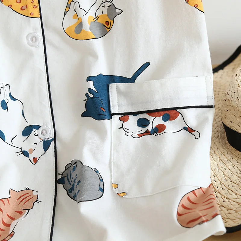 New 100% cotton short-sleeved shorts ladies pajamas set cute cartoon pajamas Japanese simple short pajamas women sleepwear