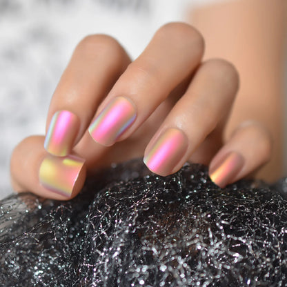 Short Matte Metallic Press On Nails Holographic Multi Color Shiny Squavol False Nails Fake Nails Art Fingernails Manicure Tips