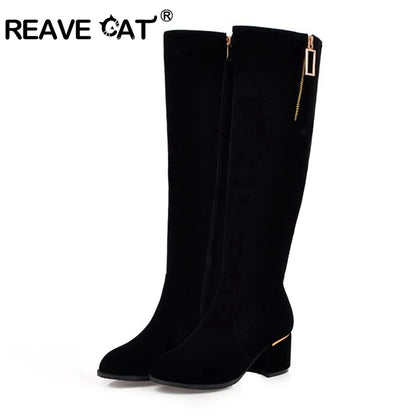 REAVE CAT Spring Autumn Knee High Boots Suede Round toe Rhinstone Female Zipper 2022 Chunky Square Heels Small Big 32-52 S2409