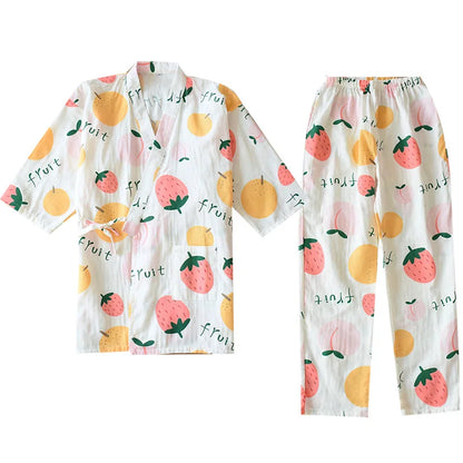 2024 new seven-sleeve Japanese-style kimono pajamas set female spring and autumn 100% cotton gauze home clothes cute sweet two-p