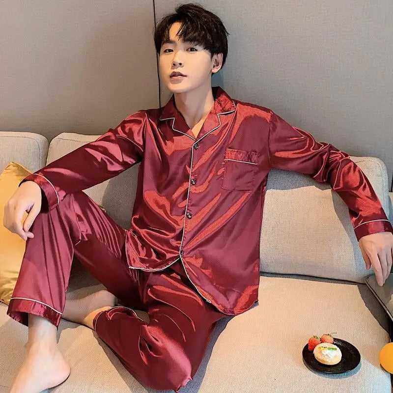 Men Pajama Sets Silk Satin Pijama Turn-down Collar Sleepwear  Long Sleeve Spring Nightwear Male 2 Pieces Sets Homewear CM11