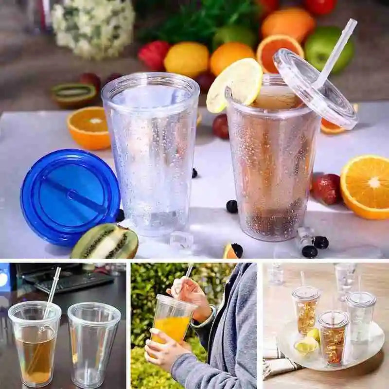 1PCS Double walled Ice Cold Drink Coffee Juice Tea Tumbler Mug Cup Smoothie Travel With Straw Plastic Reusable Iced D1X4