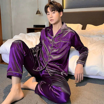 Men Pajama Sets Silk Satin Pijama Turn-down Collar Sleepwear  Long Sleeve Spring Nightwear Male 2 Pieces Sets Homewear CM11