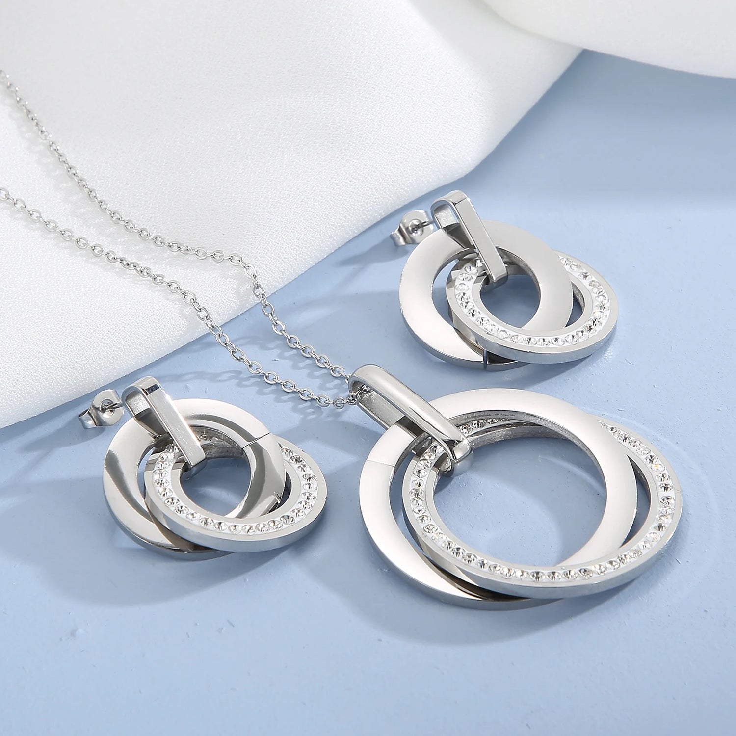 Kalen Stainless Steel Jewelry Sets For Women Three Rounds Pendant Necklace Earrings Set Women Fashion Zirconia Wedding Jewelry