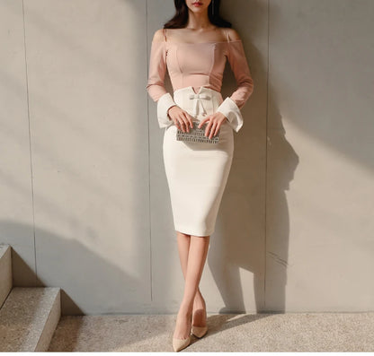 High Waist Midi Skirt Women Spring Summer Office Korean Elegant Split Back Sexy White Bodycon Pencil Skirt