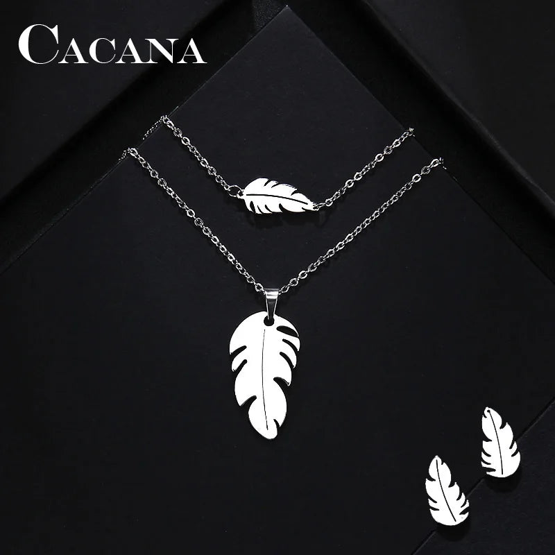 CACANA Stainless Steel Sets For Women Feather Shape Necklace Bracelet Earring Jewelry Lover&