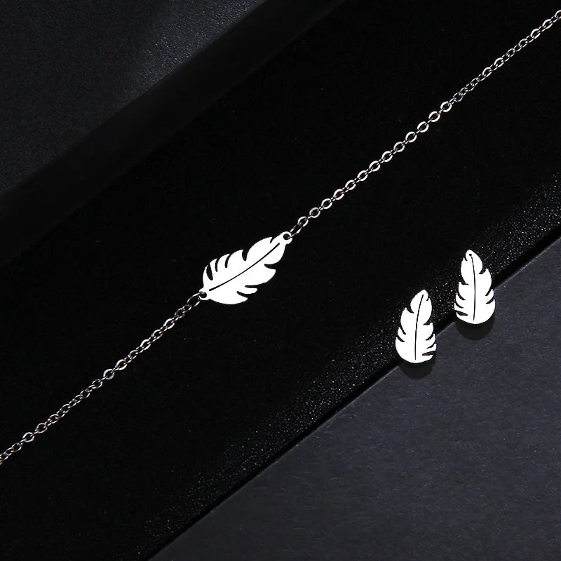 CACANA Stainless Steel Sets For Women Feather Shape Necklace Bracelet Earring Jewelry Lover&