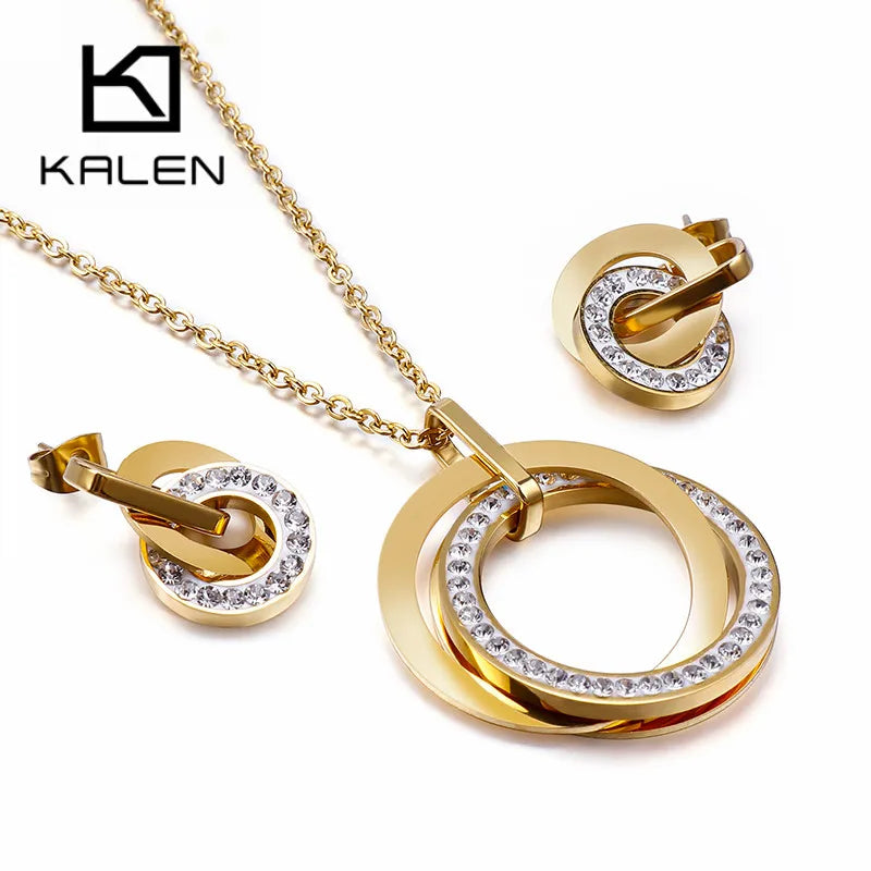 Kalen Stainless Steel Jewelry Sets For Women Three Rounds Pendant Necklace Earrings Set Women Fashion Zirconia Wedding Jewelry