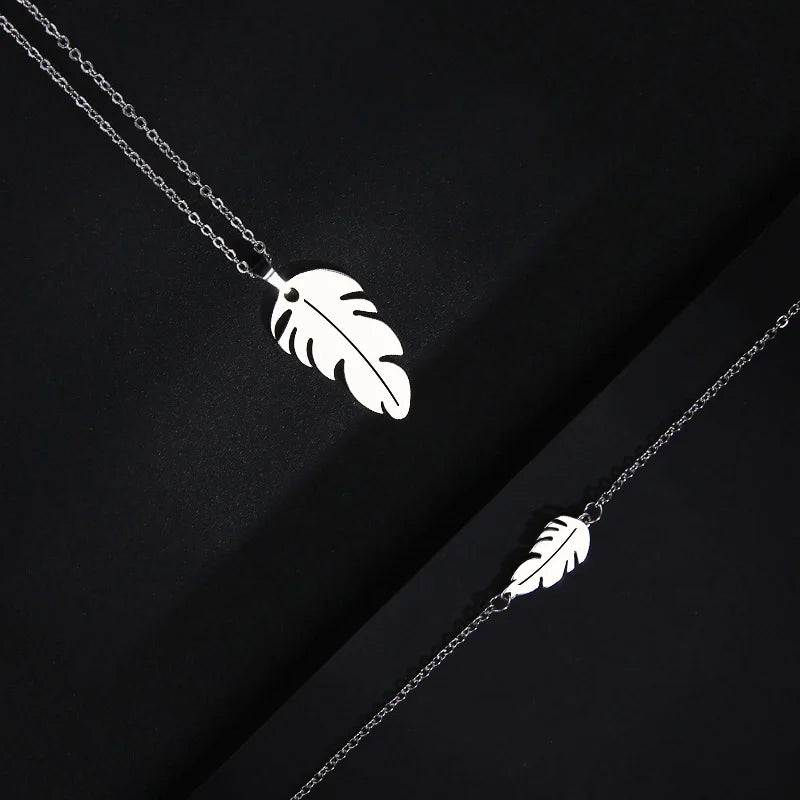 CACANA Stainless Steel Sets For Women Feather Shape Necklace Bracelet Earring Jewelry Lover&