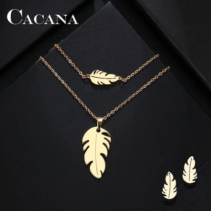 CACANA Stainless Steel Sets For Women Feather Shape Necklace Bracelet Earring Jewelry Lover&