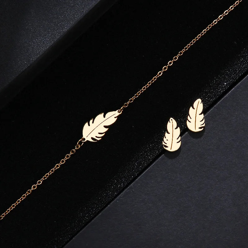 CACANA Stainless Steel Sets For Women Feather Shape Necklace Bracelet Earring Jewelry Lover&