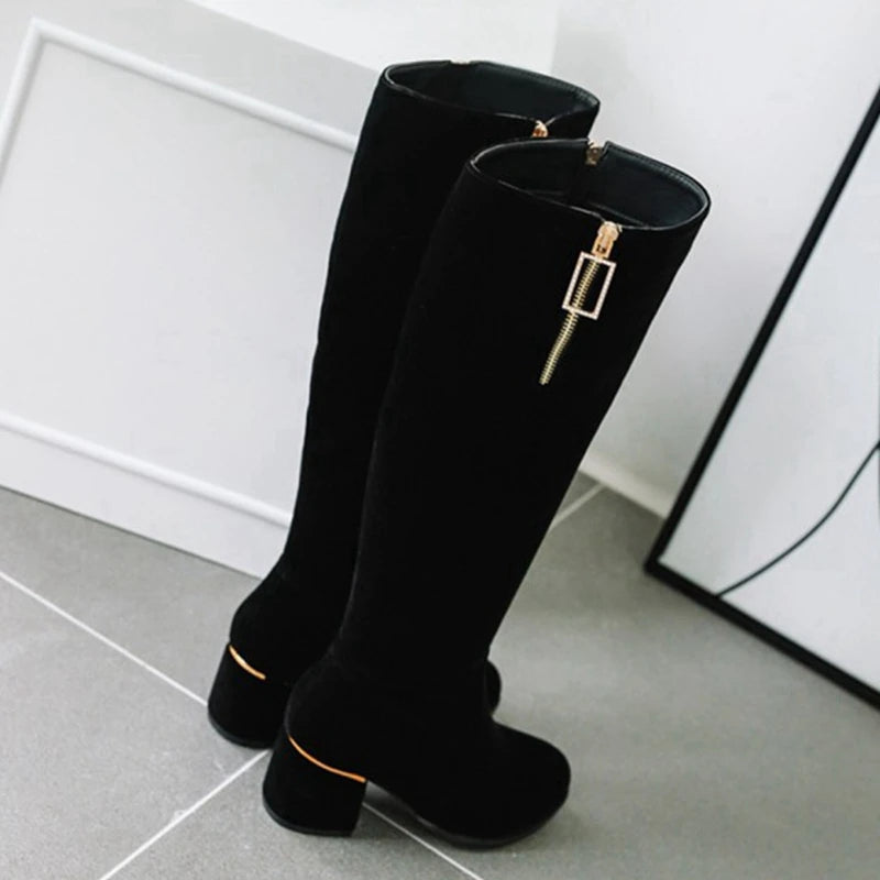 REAVE CAT Spring Autumn Knee High Boots Suede Round toe Rhinstone Female Zipper 2022 Chunky Square Heels Small Big 32-52 S2409