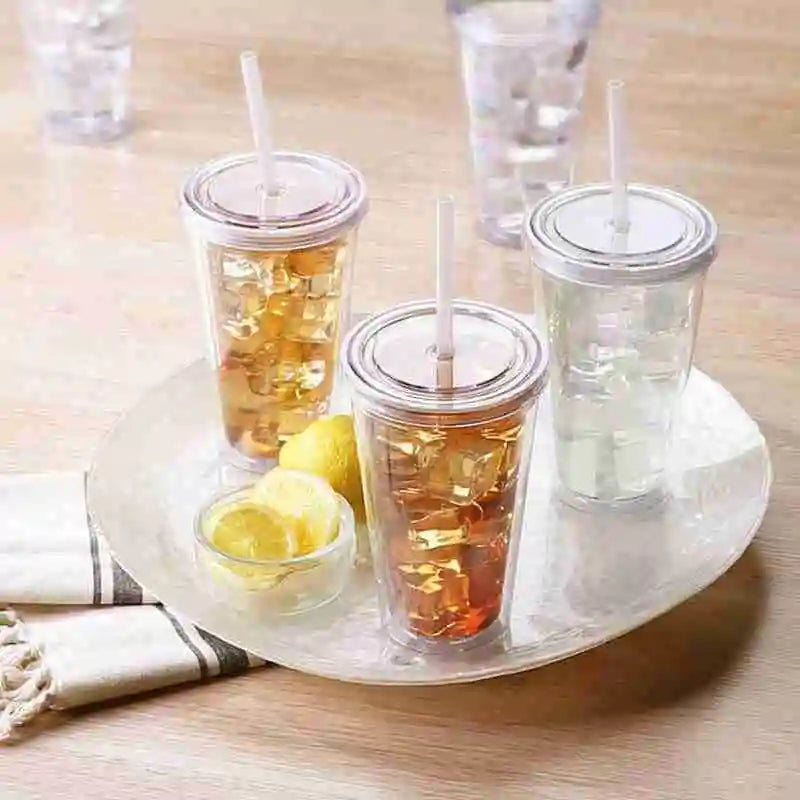 1PCS Double walled Ice Cold Drink Coffee Juice Tea Tumbler Mug Cup Smoothie Travel With Straw Plastic Reusable Iced D1X4