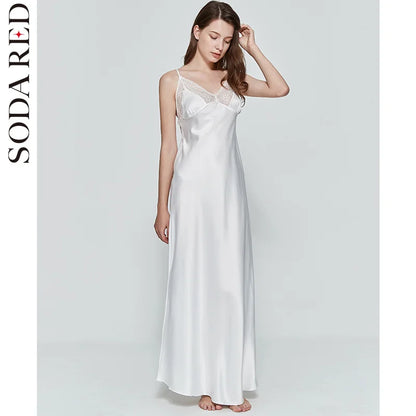 Sexy Women Nightgown Long Night Dress Artificial Silk Stain Deep-V Sleepwear Female Dressing Gown Nightie Nightwear