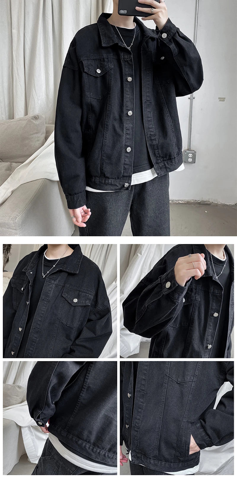 Black Denim Short Jacket Men Jeans Jacket Coats Casual Windbreaker Pockets Overalls Bomber Streetwear Man Clothing Outwear