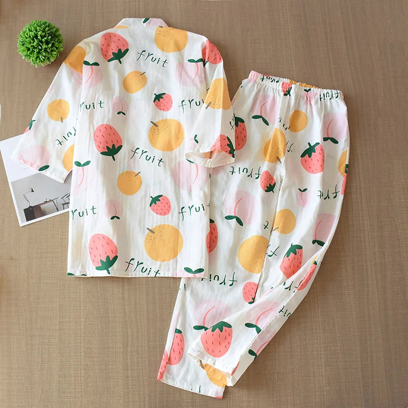 2024 new seven-sleeve Japanese-style kimono pajamas set female spring and autumn 100% cotton gauze home clothes cute sweet two-p