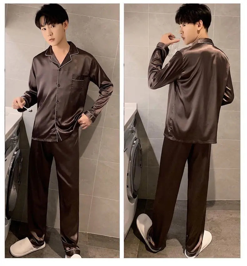 Men Pajama Sets Silk Satin Pijama Turn-down Collar Sleepwear  Long Sleeve Spring Nightwear Male 2 Pieces Sets Homewear CM11