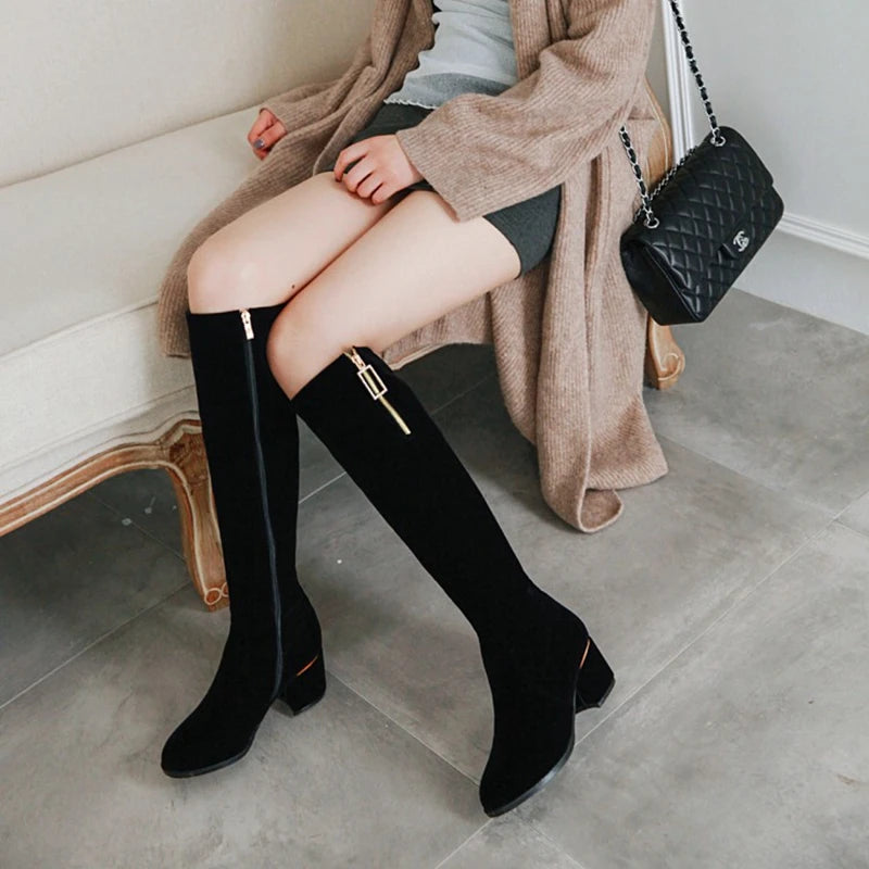 REAVE CAT Spring Autumn Knee High Boots Suede Round toe Rhinstone Female Zipper 2022 Chunky Square Heels Small Big 32-52 S2409