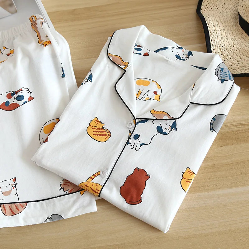 New 100% cotton short-sleeved shorts ladies pajamas set cute cartoon pajamas Japanese simple short pajamas women sleepwear