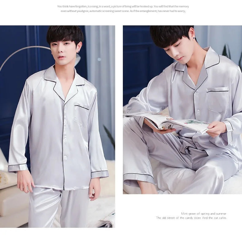 Men Pajama Sets Silk Satin Pijama Turn-down Collar Sleepwear  Long Sleeve Spring Nightwear Male 2 Pieces Sets Homewear CM11