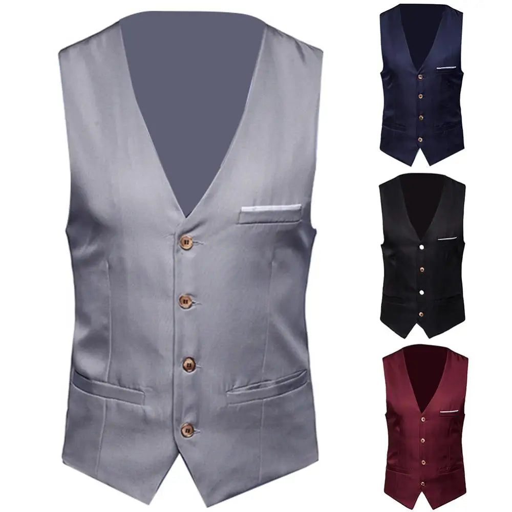 Fashion Formal Men Vest Solid Color Suit Vest Single Breasted Business Waistcoat