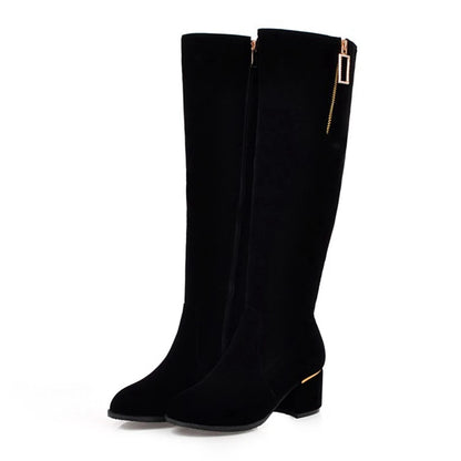 REAVE CAT Spring Autumn Knee High Boots Suede Round toe Rhinstone Female Zipper 2022 Chunky Square Heels Small Big 32-52 S2409