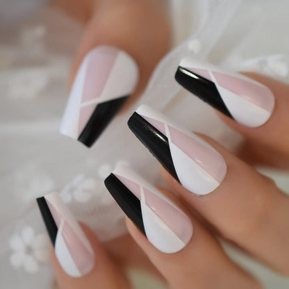 Medium Black White Ballerina False Nails Irregular Pattern Modern Press On Nails Glossy Artificial Nails