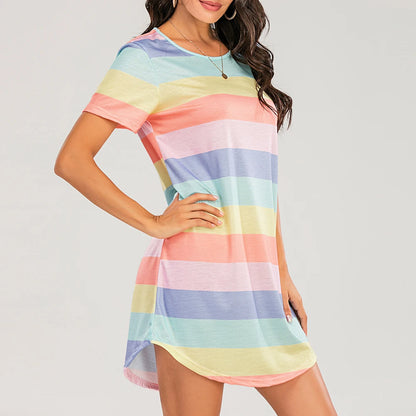 Sexy Pyjamas Night Dress for Women Short-Sleeved Rainbow Striped Nightgown Loose Dormir Tops Large Size Leisure Sleepwear S-5XL