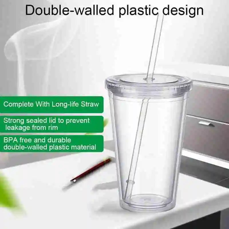 1PCS Double walled Ice Cold Drink Coffee Juice Tea Tumbler Mug Cup Smoothie Travel With Straw Plastic Reusable Iced D1X4