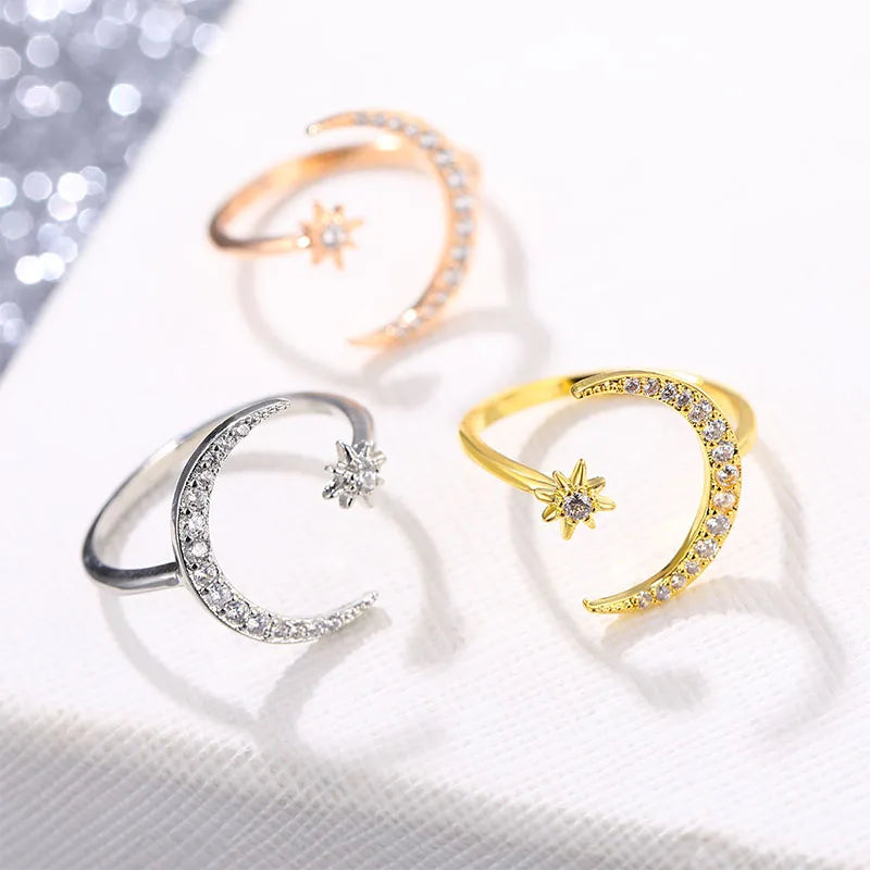 IPARAM New Design CZ Zircon Star Moon Ring Fashion Statement Geometric Gold Color Silver Color Charm Lady Girl Ring Jewelry