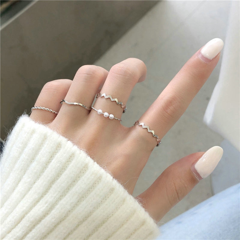 2024 New 5pcs/Set Geometric Rings Boho Style Wave Shape Rings Women Punk Gold Silver Color Ring Hip-Hop Ring Finger Accessories